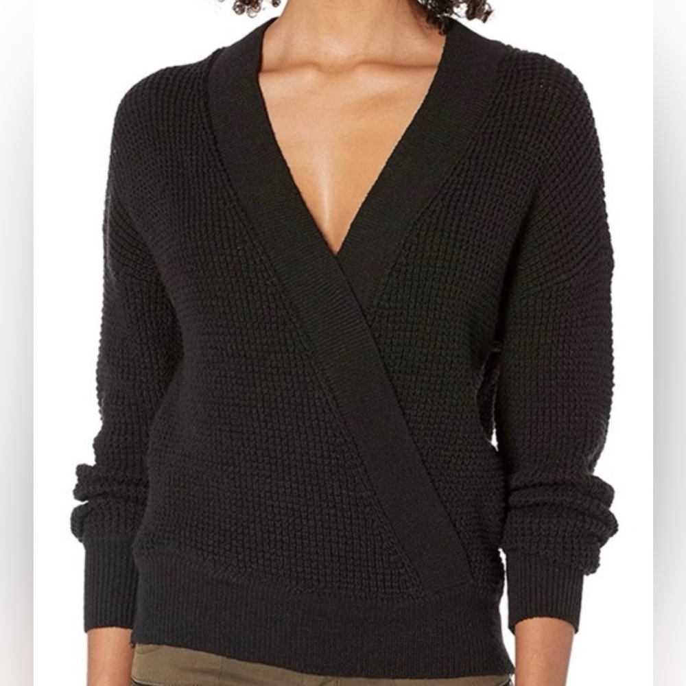 ASTR The Label Puff Sleeve Wrap Front Sweater Black Size Medium